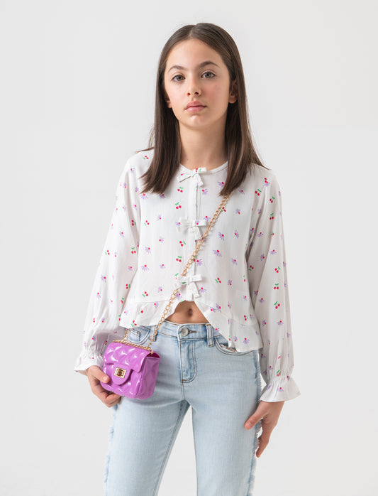 Camicia in viscosa stampata da bambina - Bianco latte