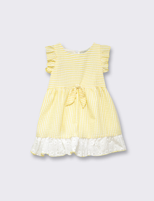 Striped Romantic Dress with Waist Bow and Sangallo Insert - Yellow