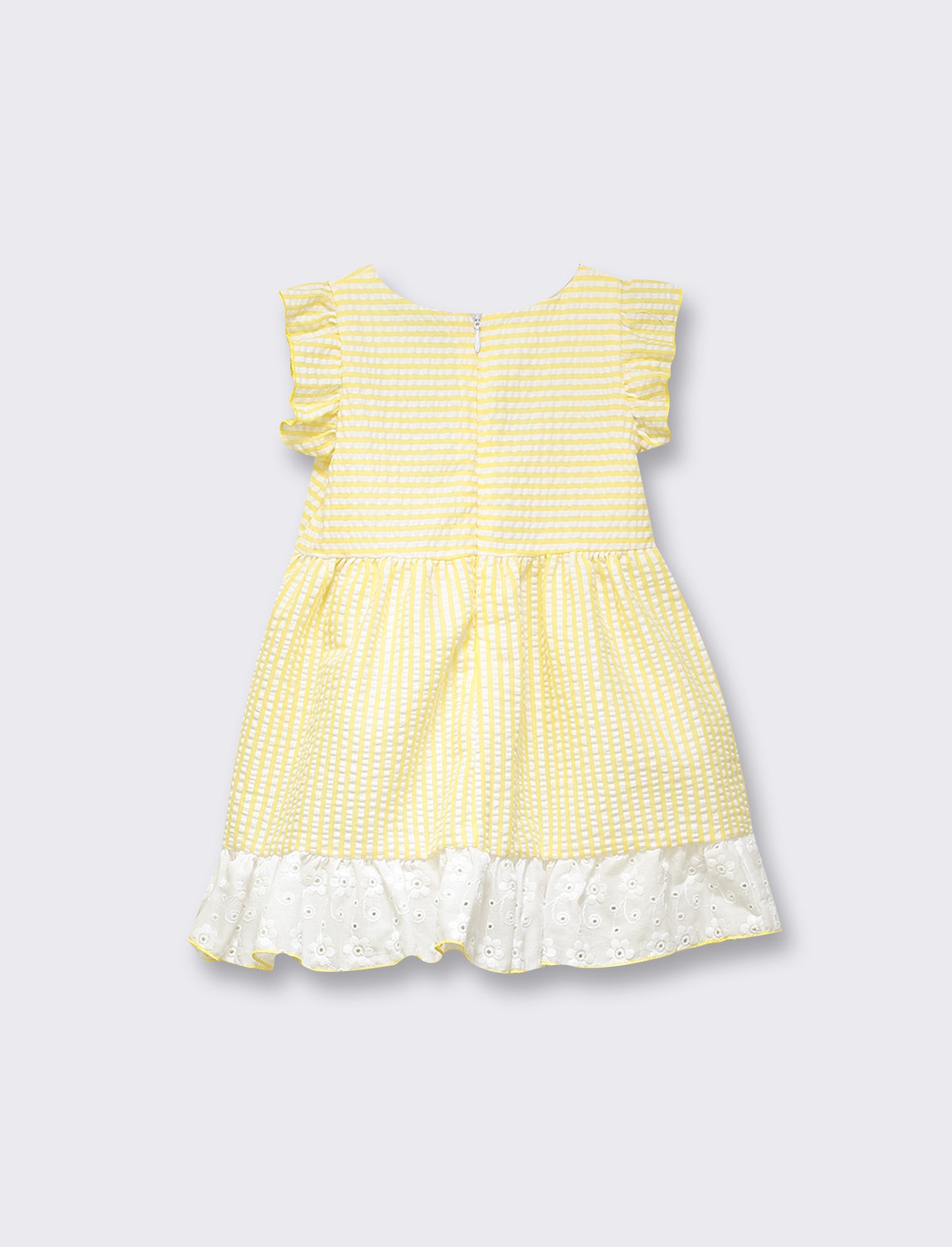 Striped Romantic Dress with Waist Bow and Sangallo Insert - Yellow