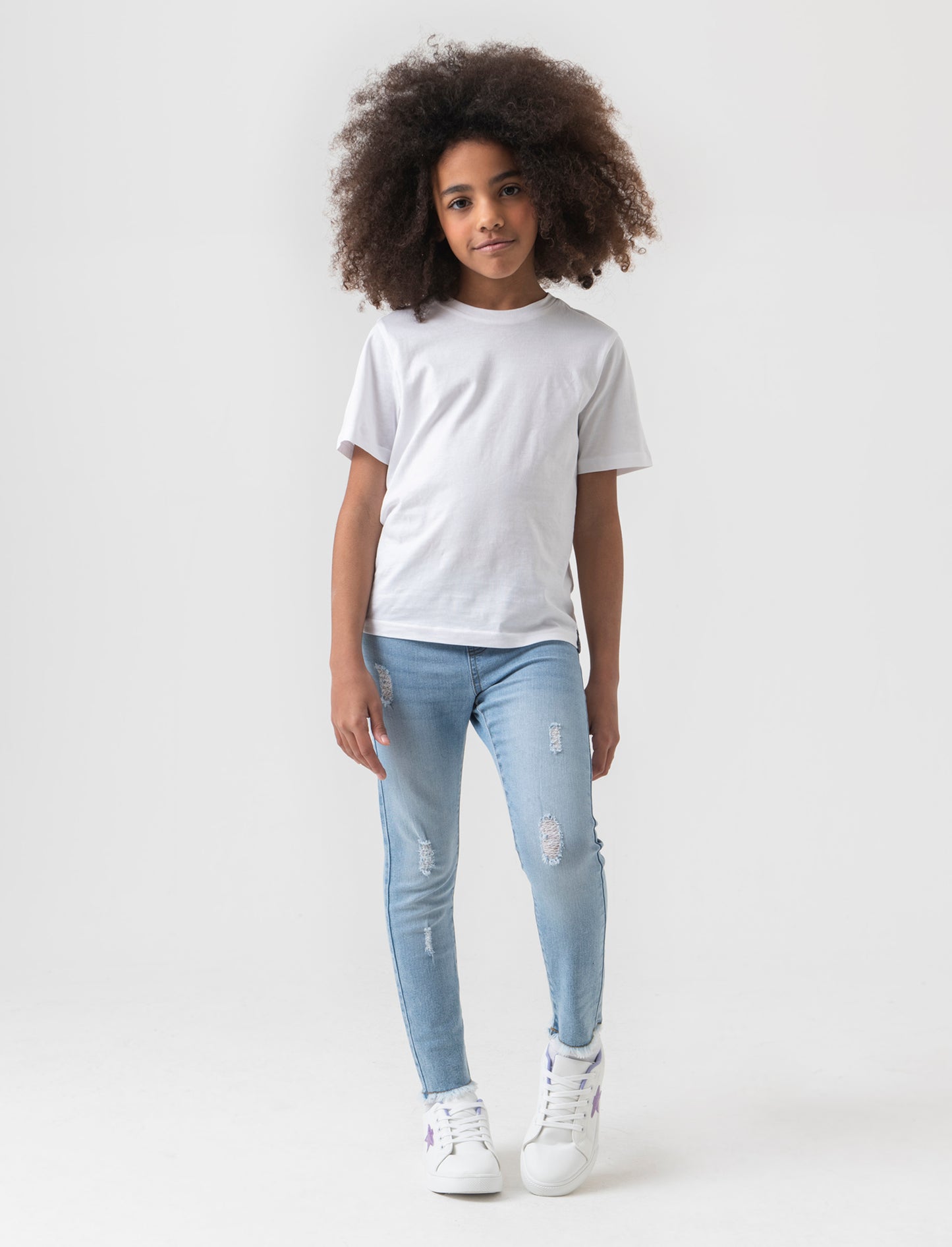 Leggings in denim elastico con rotture da bambina - Denim chiaro