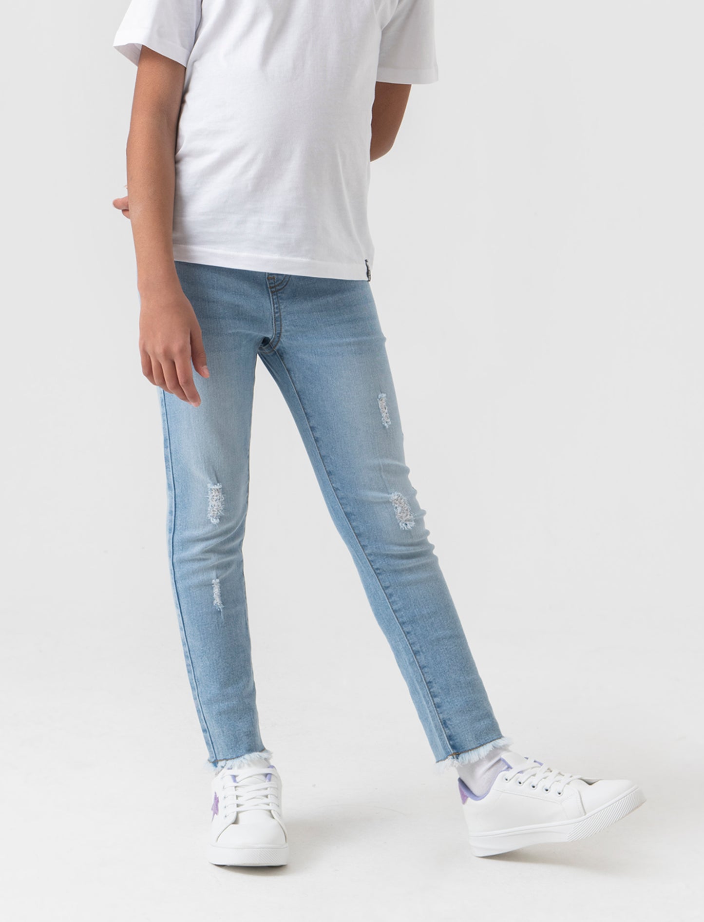 Leggings in denim elastico con rotture da bambina - Denim chiaro