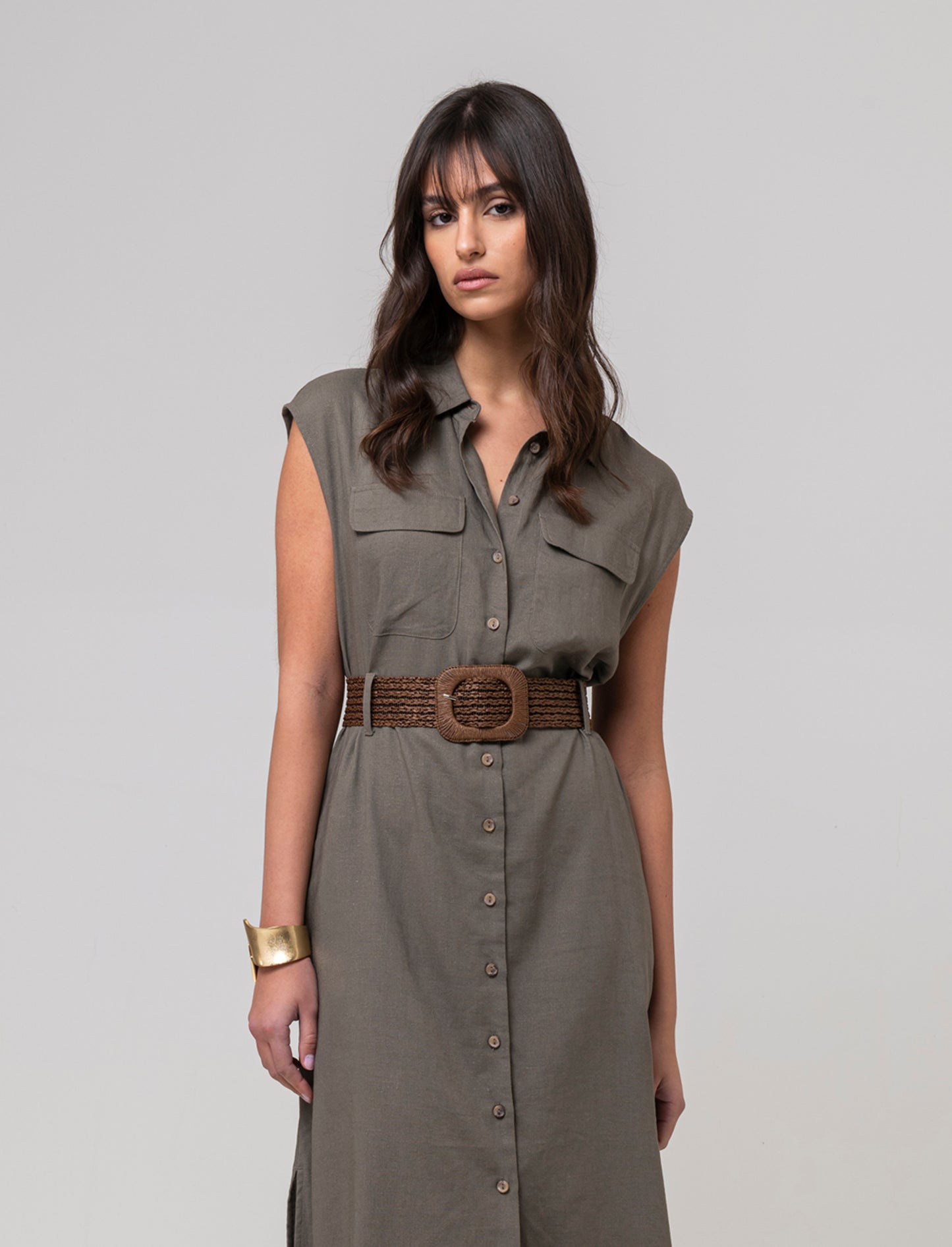 Abito chemisier con cintura da donna - Verde salvia