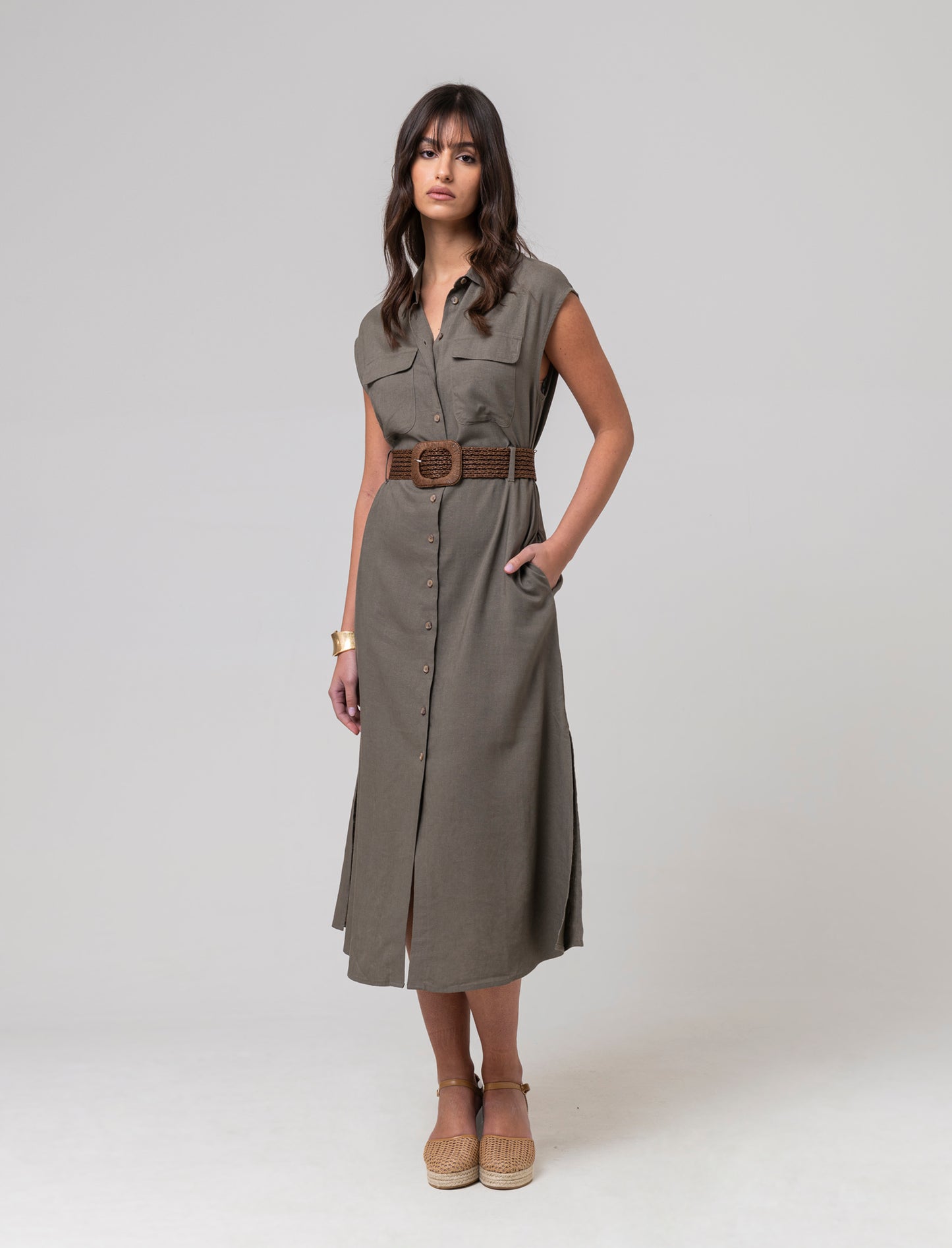 Abito chemisier con cintura da donna - Verde salvia