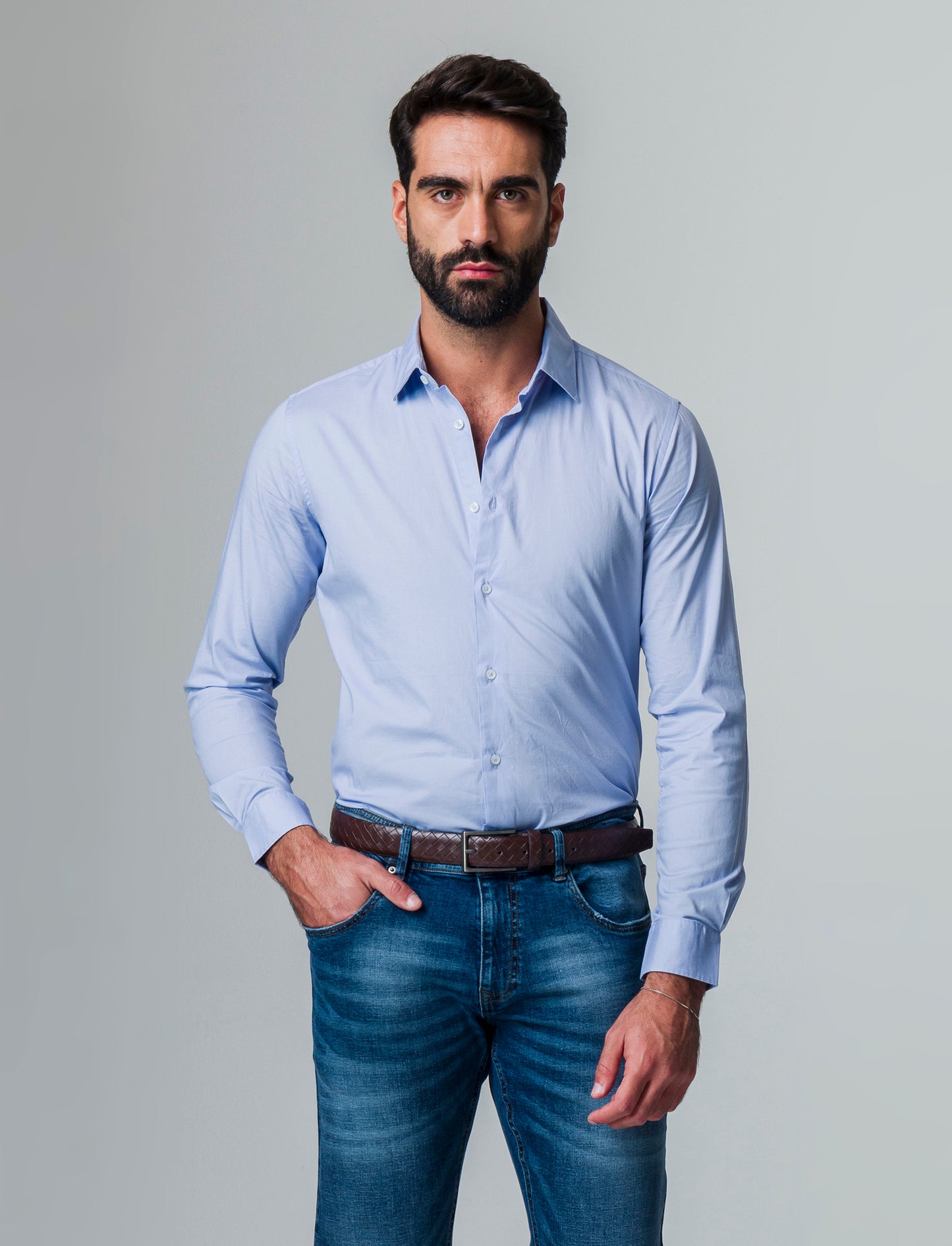 Man's slim fit stretch poplin shirt - Sky blue