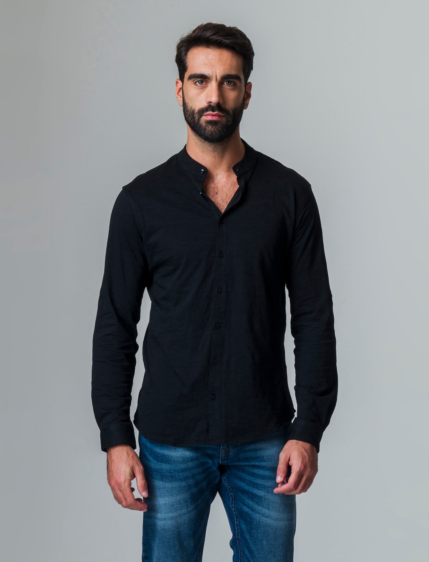 Camicia in jersey slub collo coreano da uomo - Nero