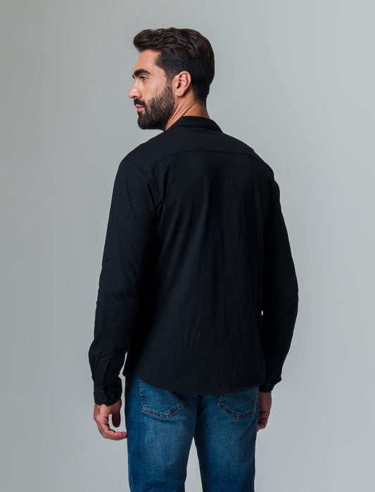 Man's slub jersey shirt with korean collar - Black