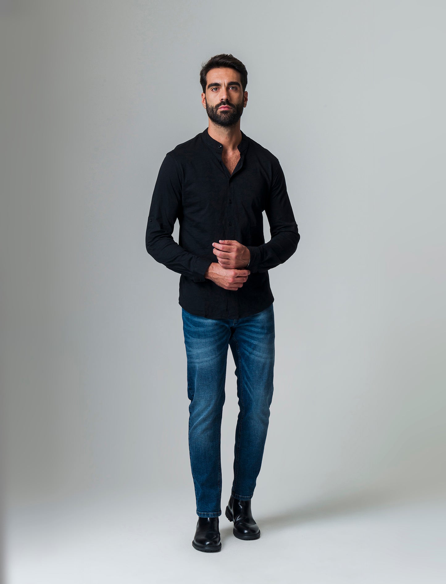 Camicia in jersey slub collo coreano da uomo - Nero