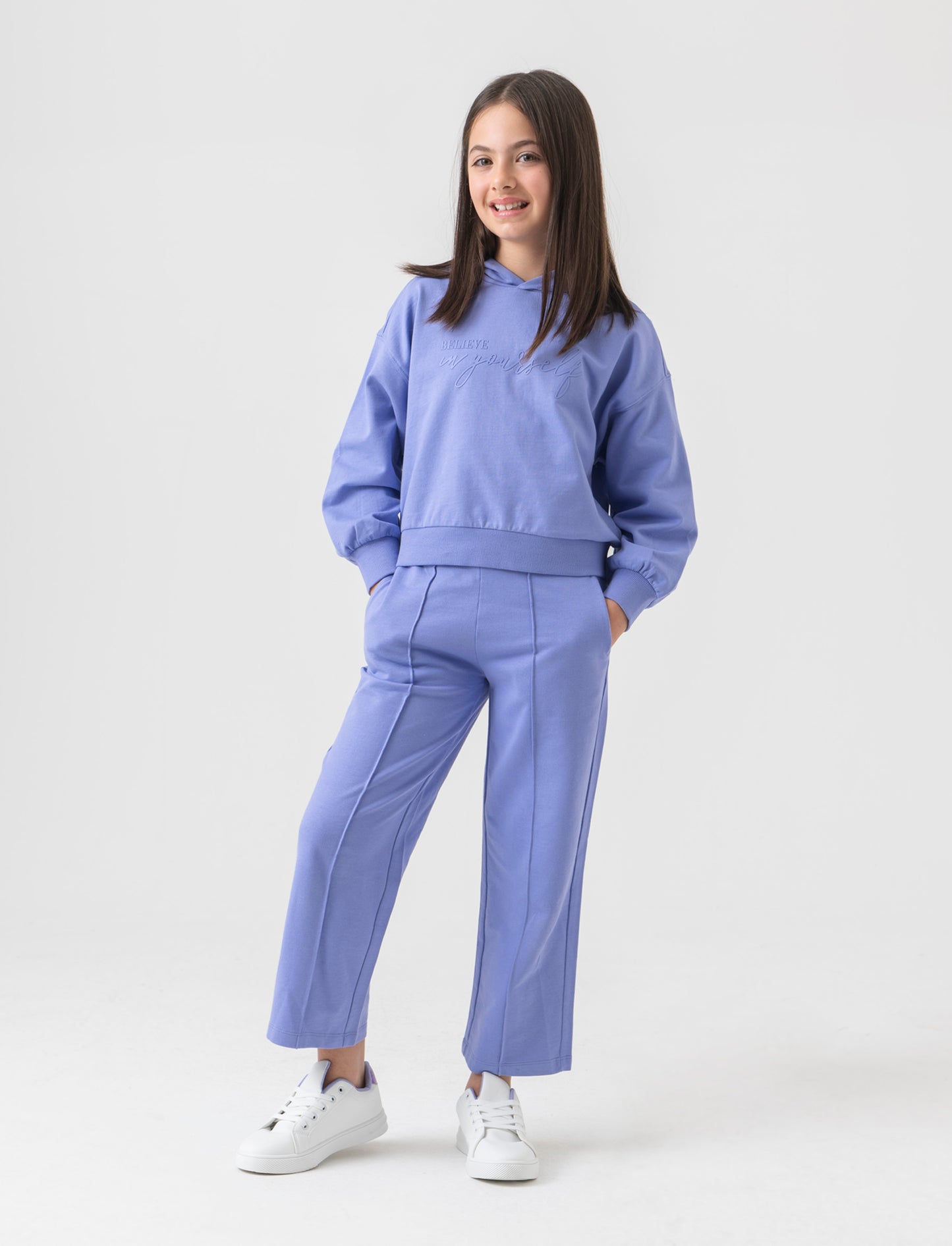 Jogger gamba larga con tasche da bambina - Azzurro