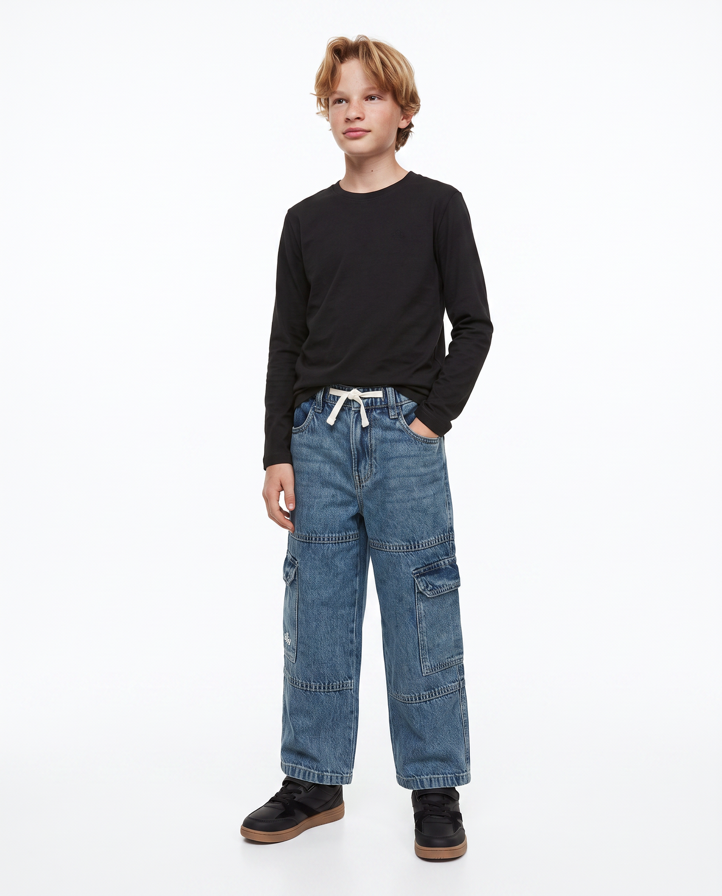 Baggy cargo jeans with retro embroidery - Blue