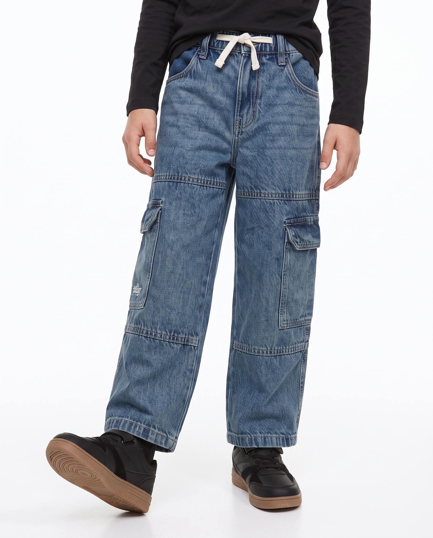 Baggy cargo jeans with retro embroidery - Blue