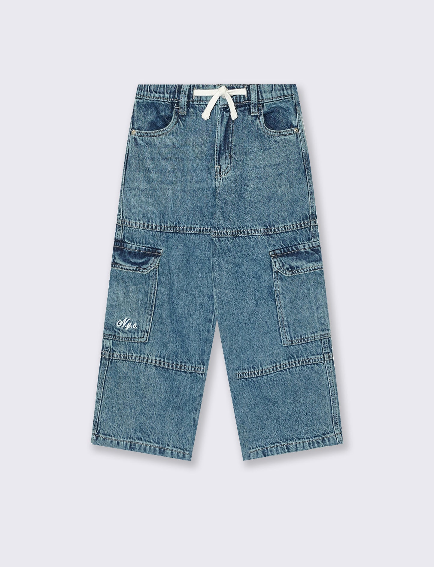 Baggy cargo jeans with retro embroidery - Blue