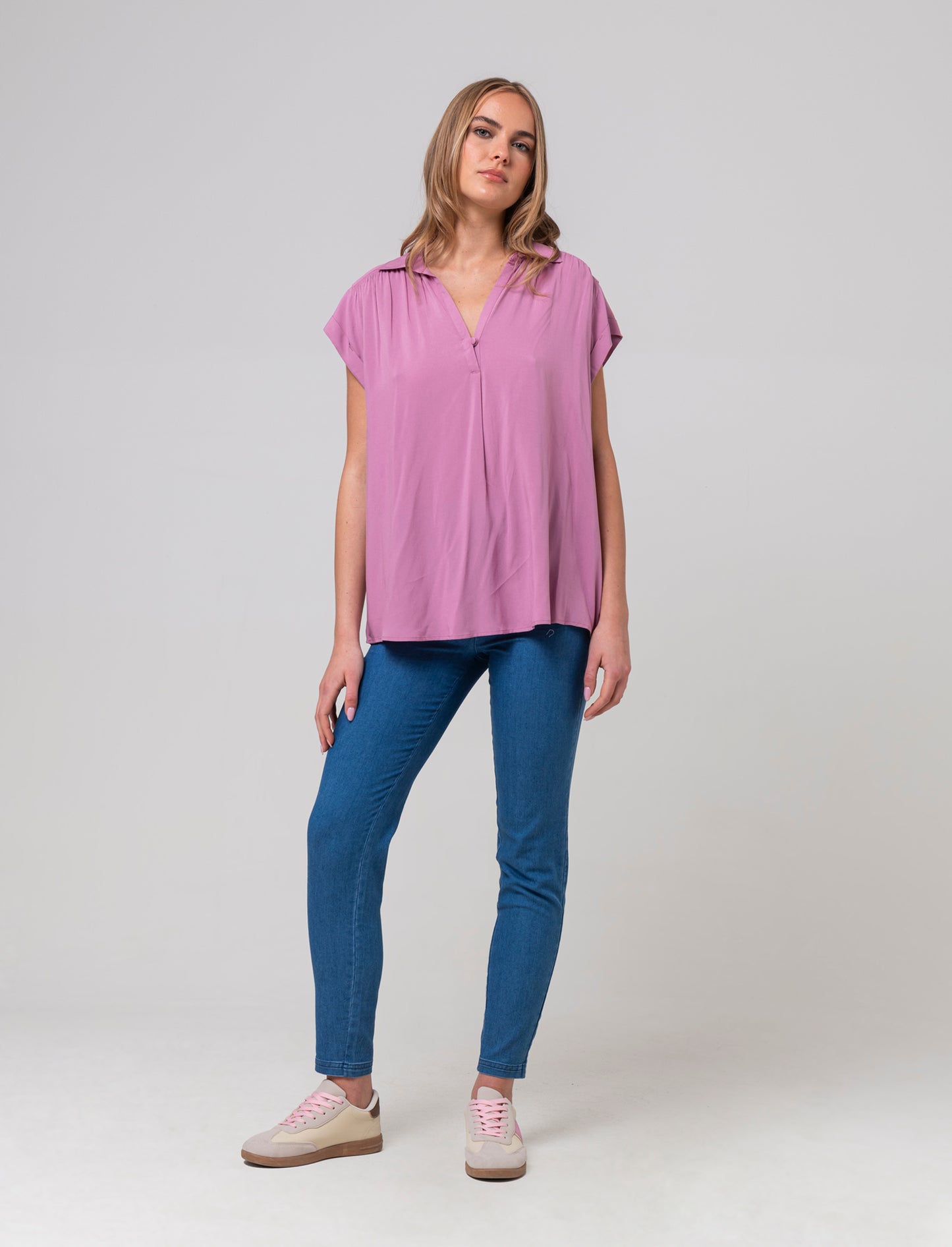 Casacca mezzamanica con scollo a V da donna - Rosa polvere