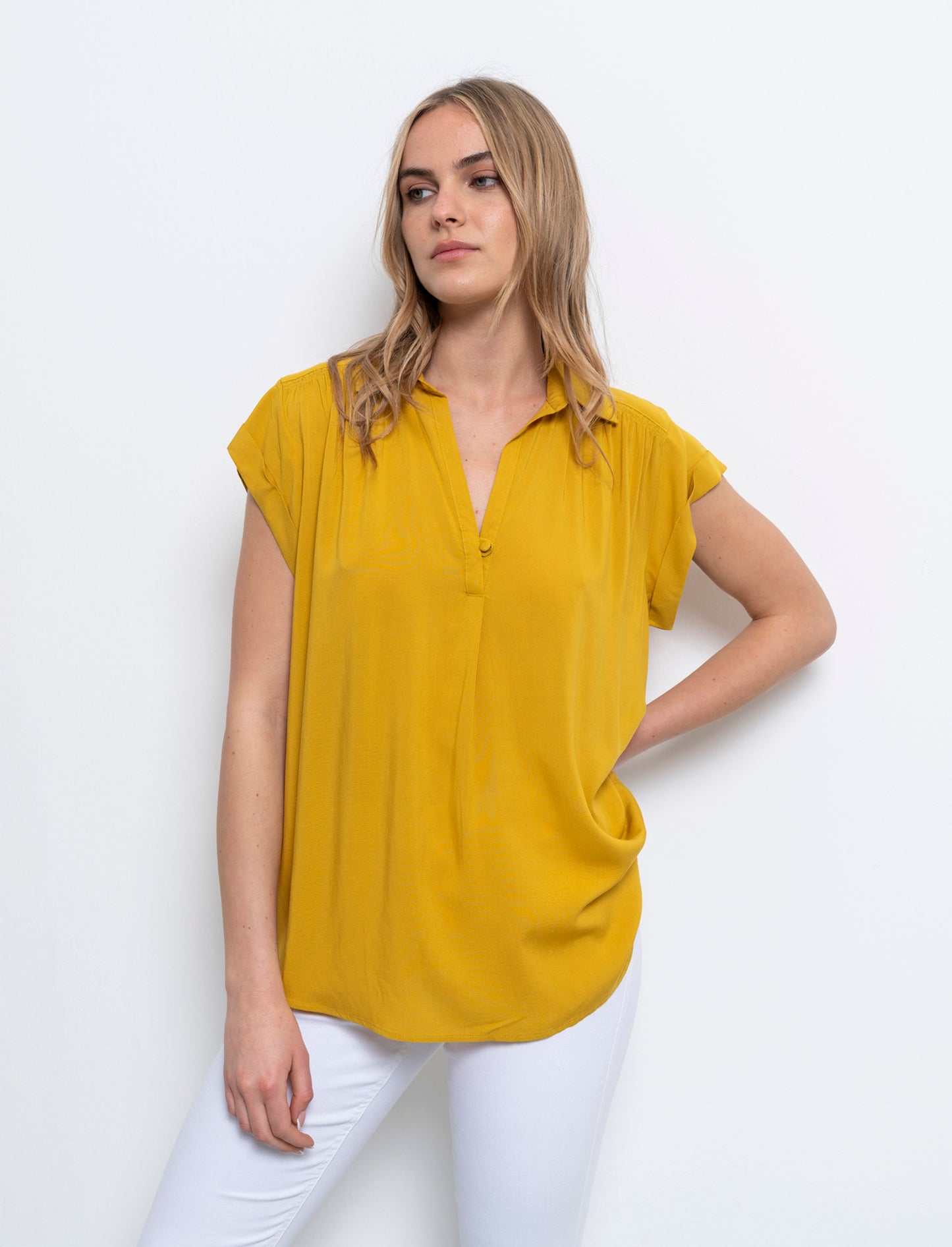 Casacca mezzamanica con scollo a V da donna - Senape