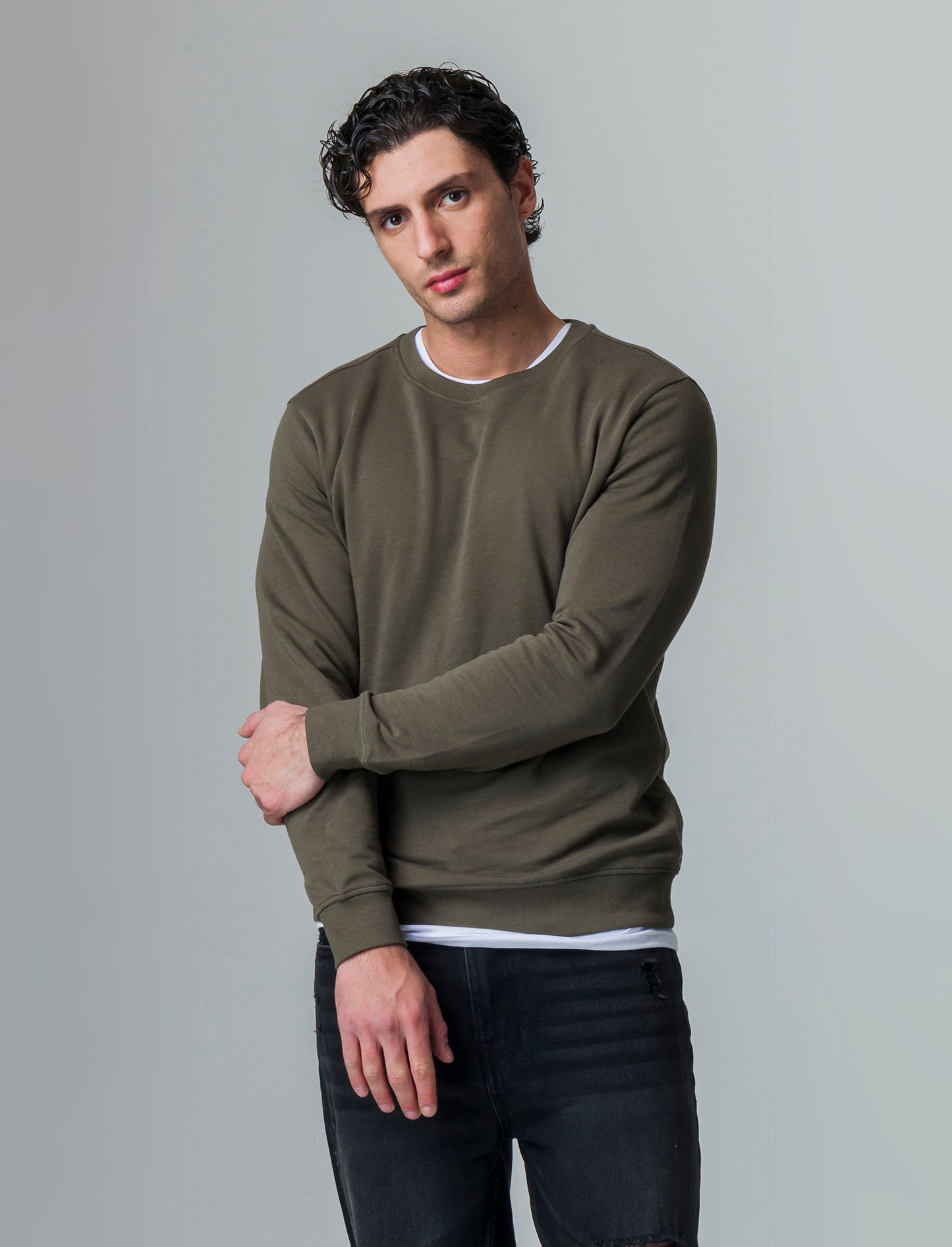 Felpa basic girocollo in cotone da uomo - Verde kaki