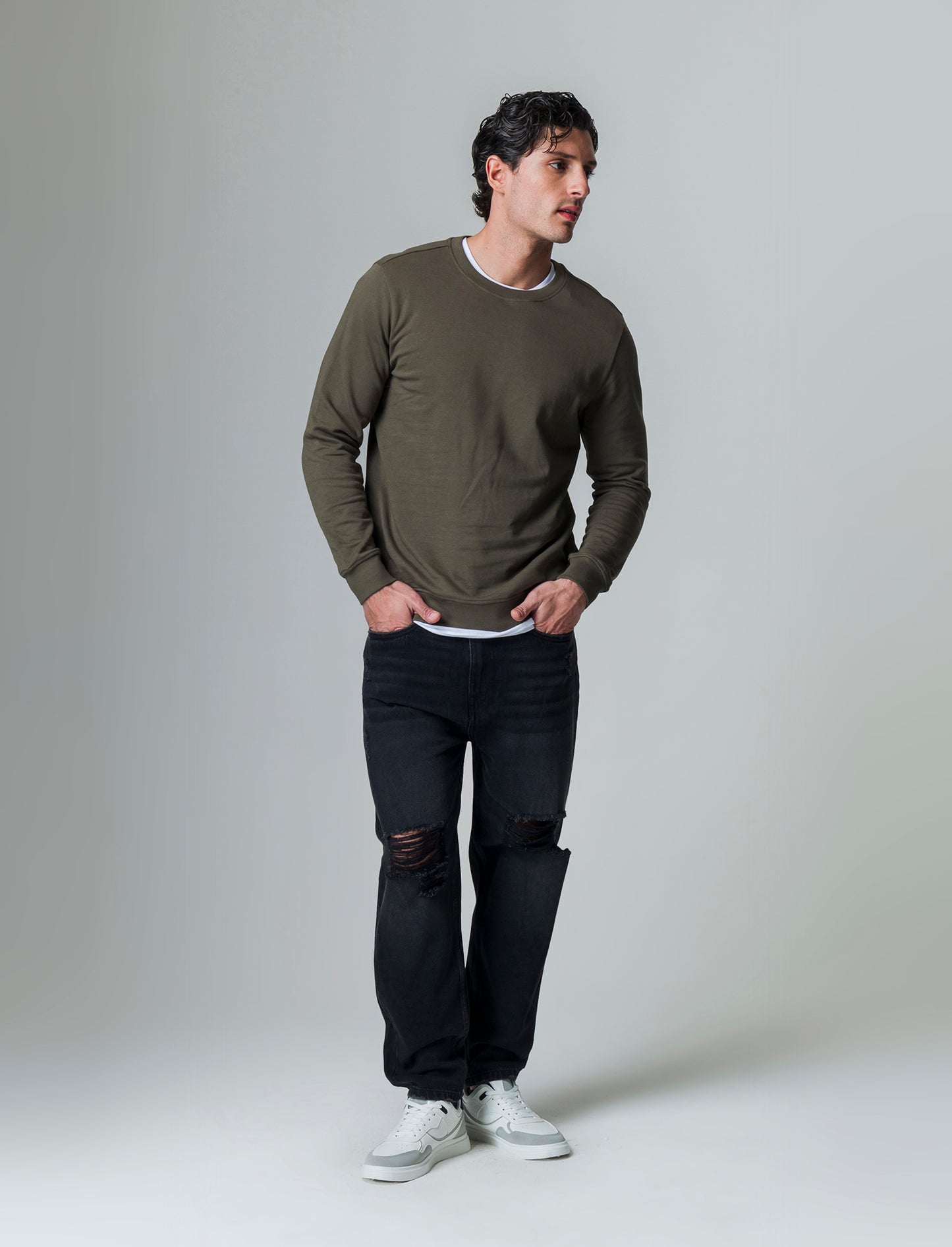 Felpa basic girocollo in cotone da uomo - Verde kaki