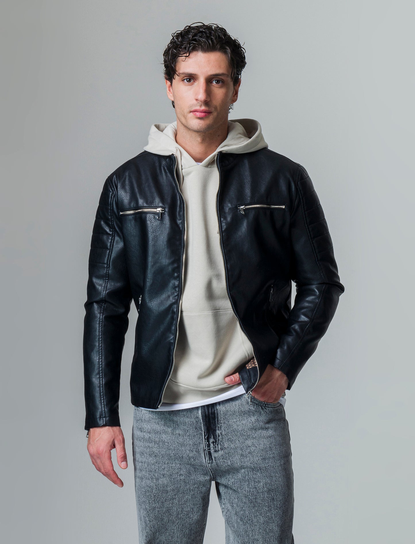 Giubbotto biker effetto pelle da uomo - Nero