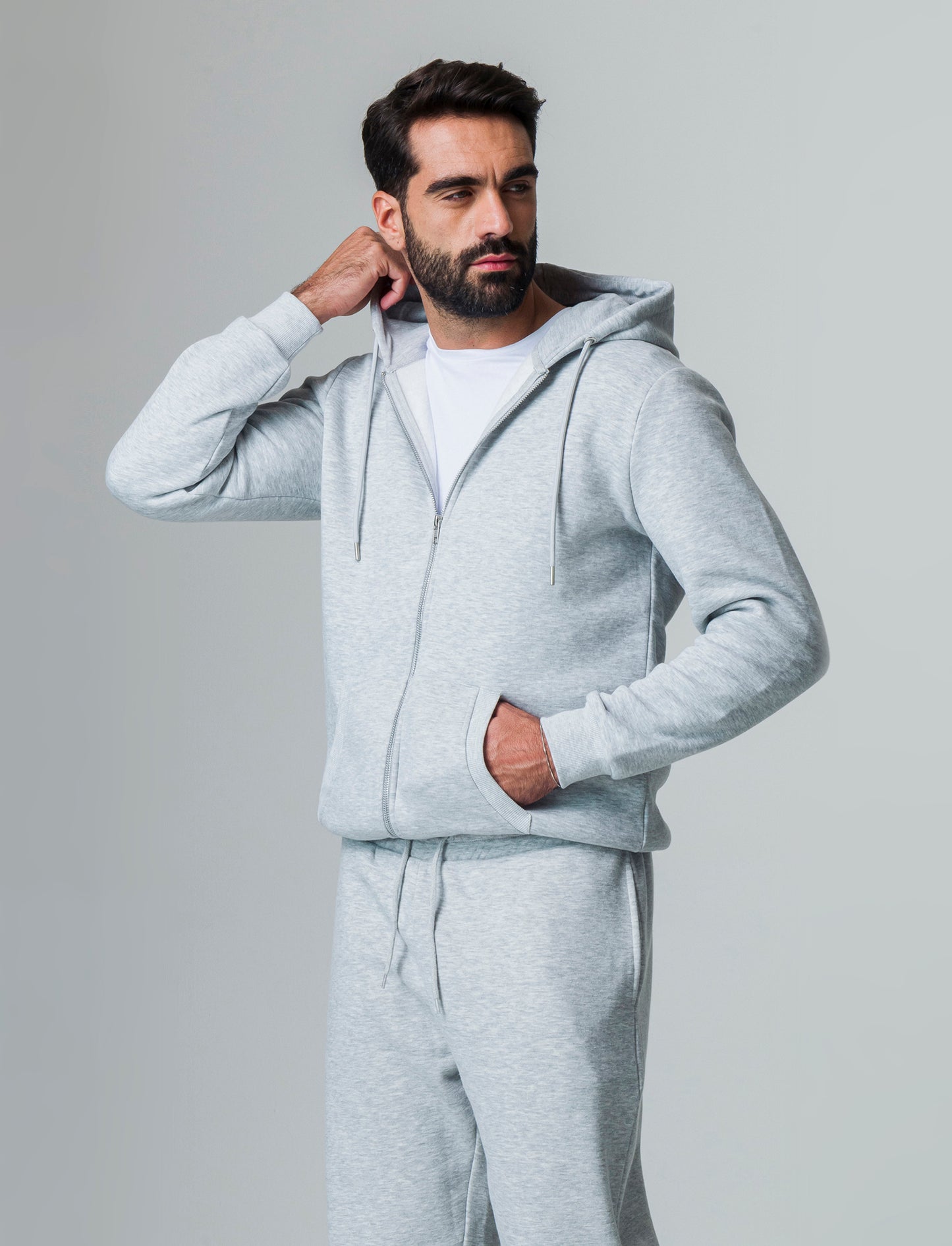 Felpa basic con cappuccio e cerniera da uomo - Grigio mel.