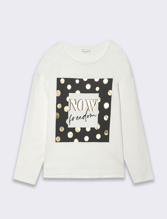 T-shirt girocollo con stampa lucida da bambina - Bianco latte