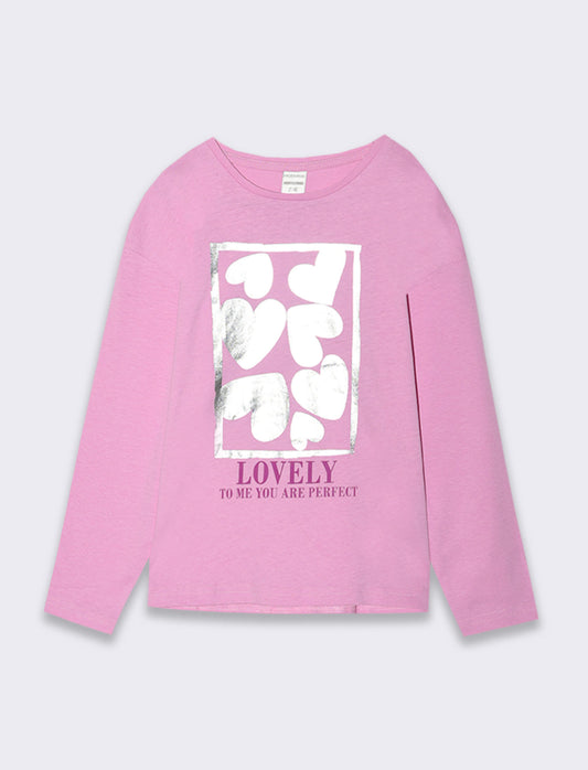 T-shirt girocollo con stampa lucida da bambina - Rosa