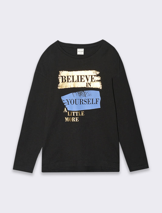 T-shirt girocollo con stampa lucida da bambina - Nero