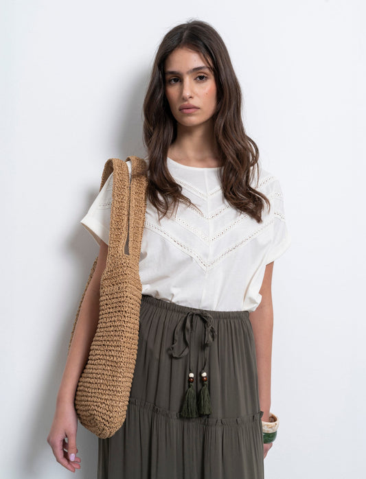 T-shirt con inserti di pizzo da donna - Avorio