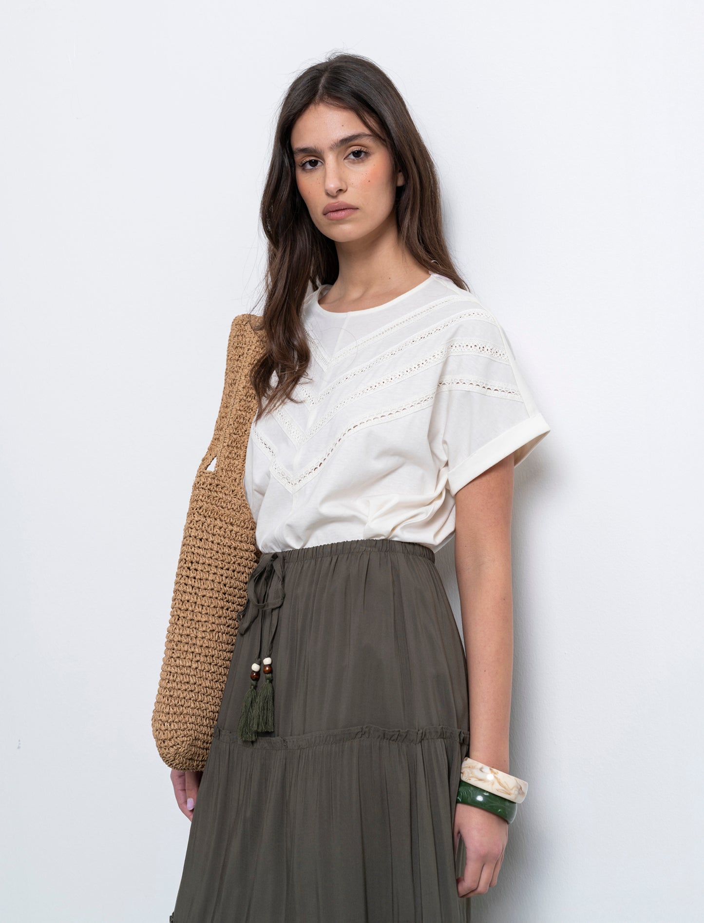 T-shirt con inserti di pizzo da donna - Avorio