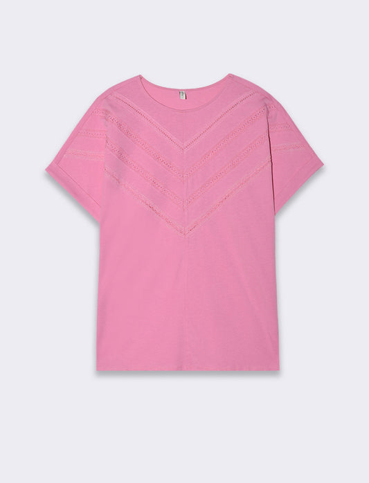 T-shirt con inserti di pizzo da donna - Rosa