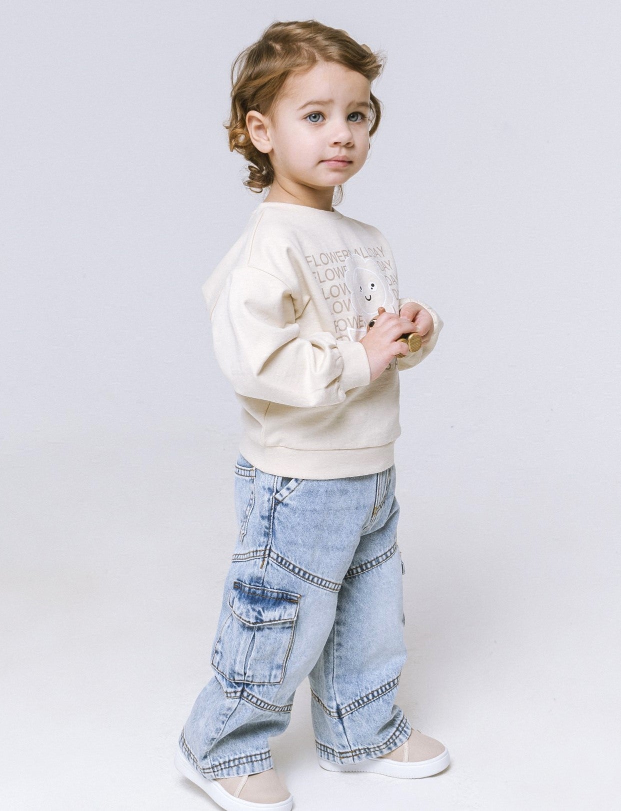 Felpa con rouches e stampa da neonata - Beige