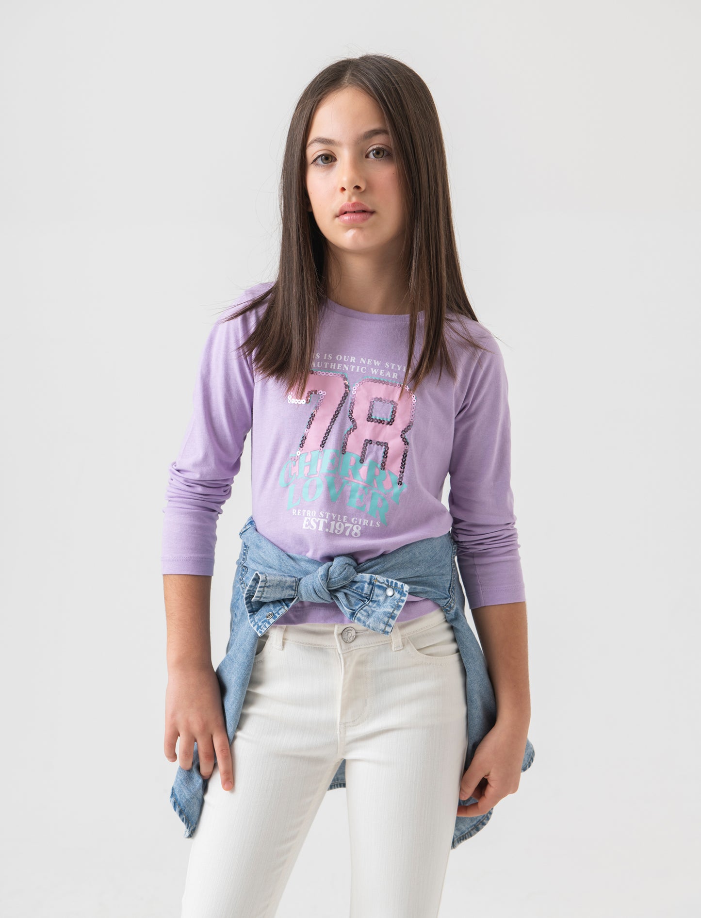 T-shirt manica lunga stampata da bambina - Lilla
