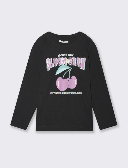 T-shirt manica lunga stampata da bambina - Nero