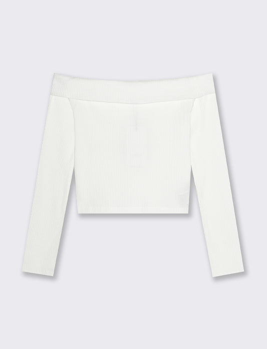T-shirt in costina con scollo a barca da bambina - Bianco latte