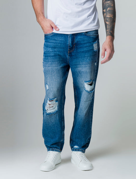 Jeans denim medio loose fit con strappi da uomo - Denim