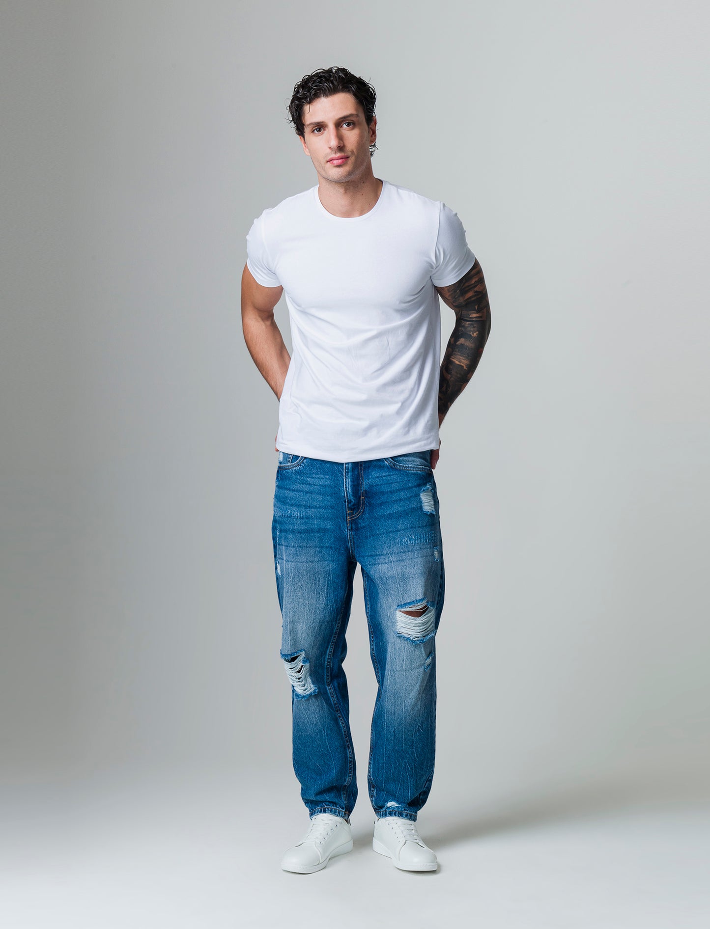 Jeans denim medio loose fit con strappi da uomo - Denim