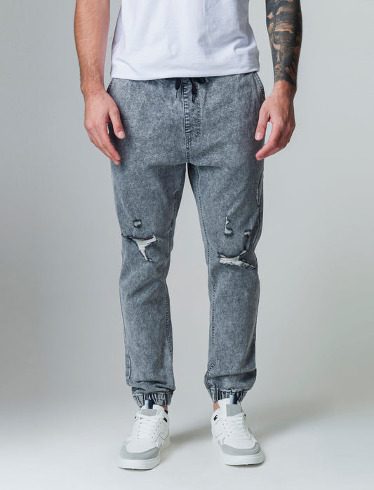 Jeans denim grigio con vita jogger e strappi da uomo - Grigio