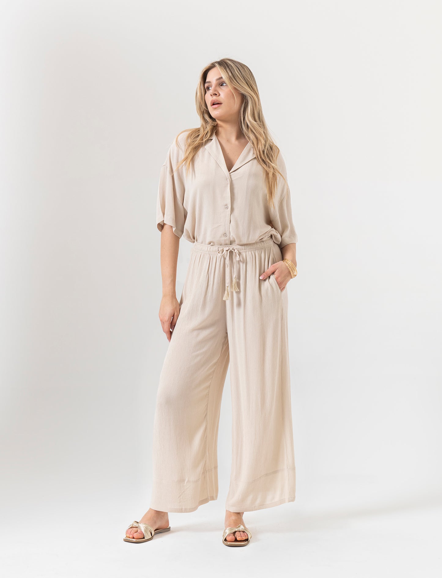 Camicia mezza manica da donna - Beige corda