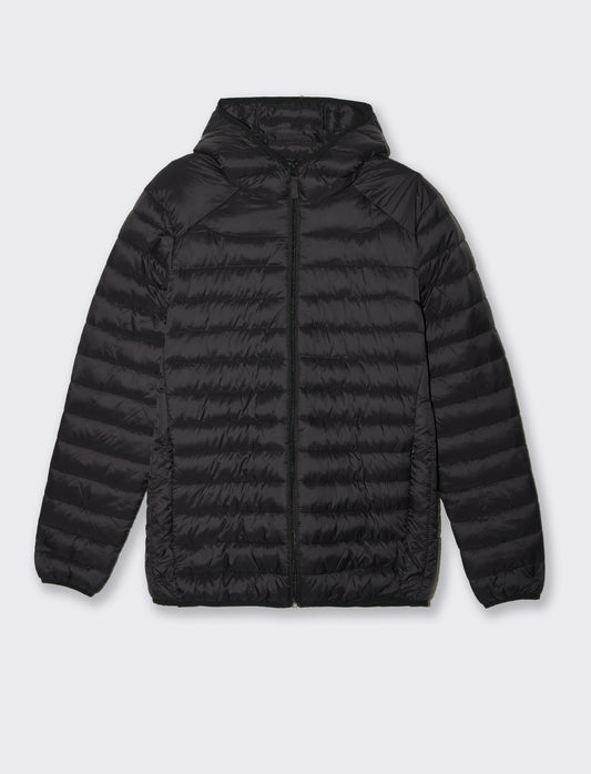 Men's Padded Nylon Jacket with Hood and Zipper - Black