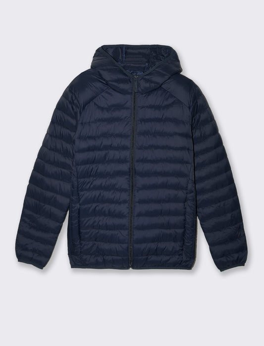 Men's Padded Nylon Jacket with Hood and Zipper - Blue