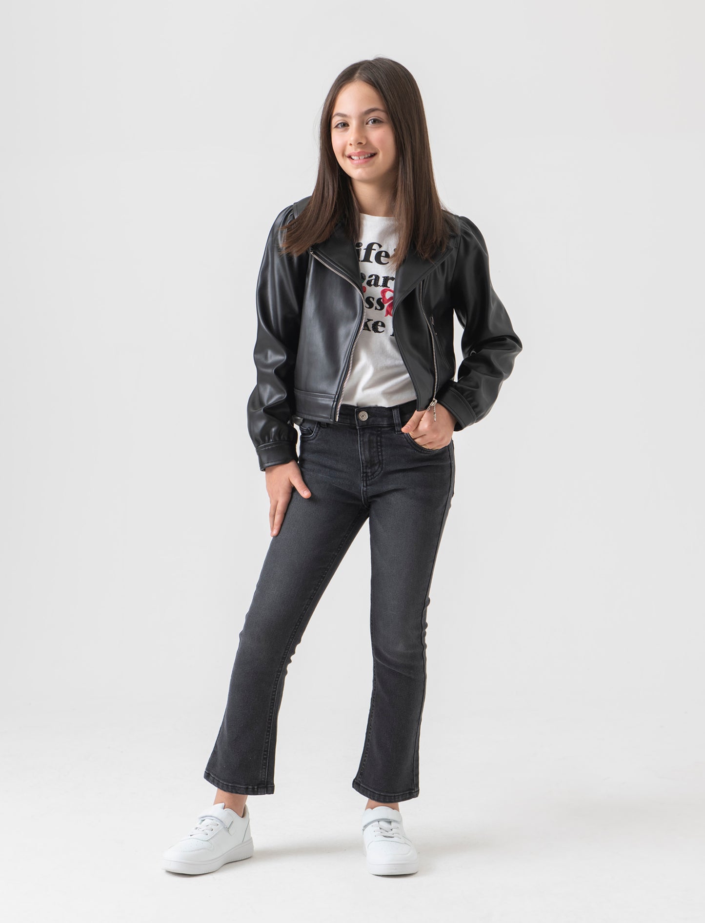 Denim elastico modello a zampa da bambina - Nero