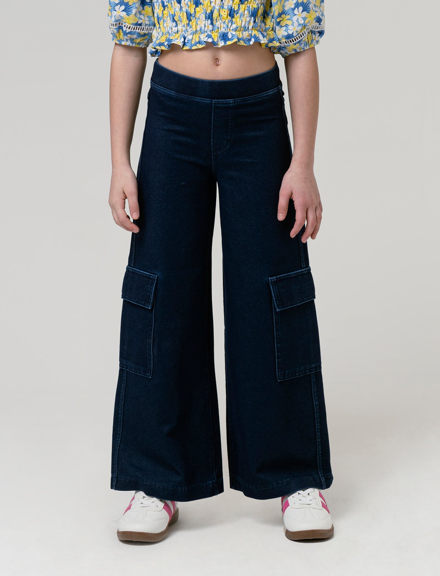 Pantaloni cargo gamba larga effetto denim da bambina - Denim