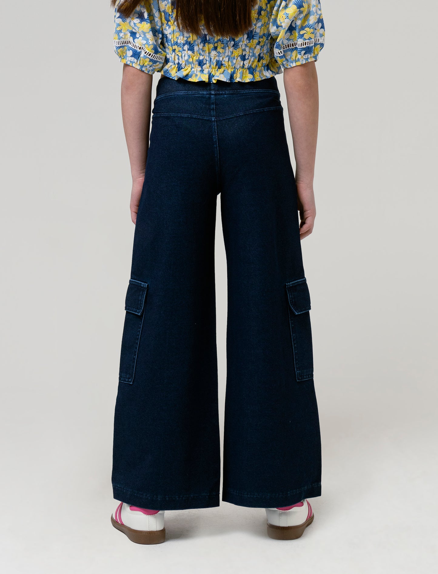 Pantaloni cargo gamba larga effetto denim da bambina - Denim