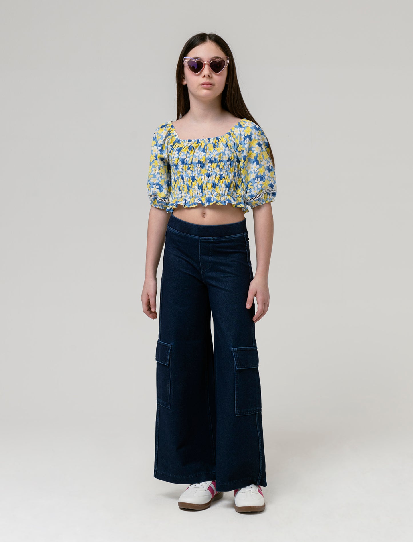Pantaloni cargo gamba larga effetto denim da bambina - Denim