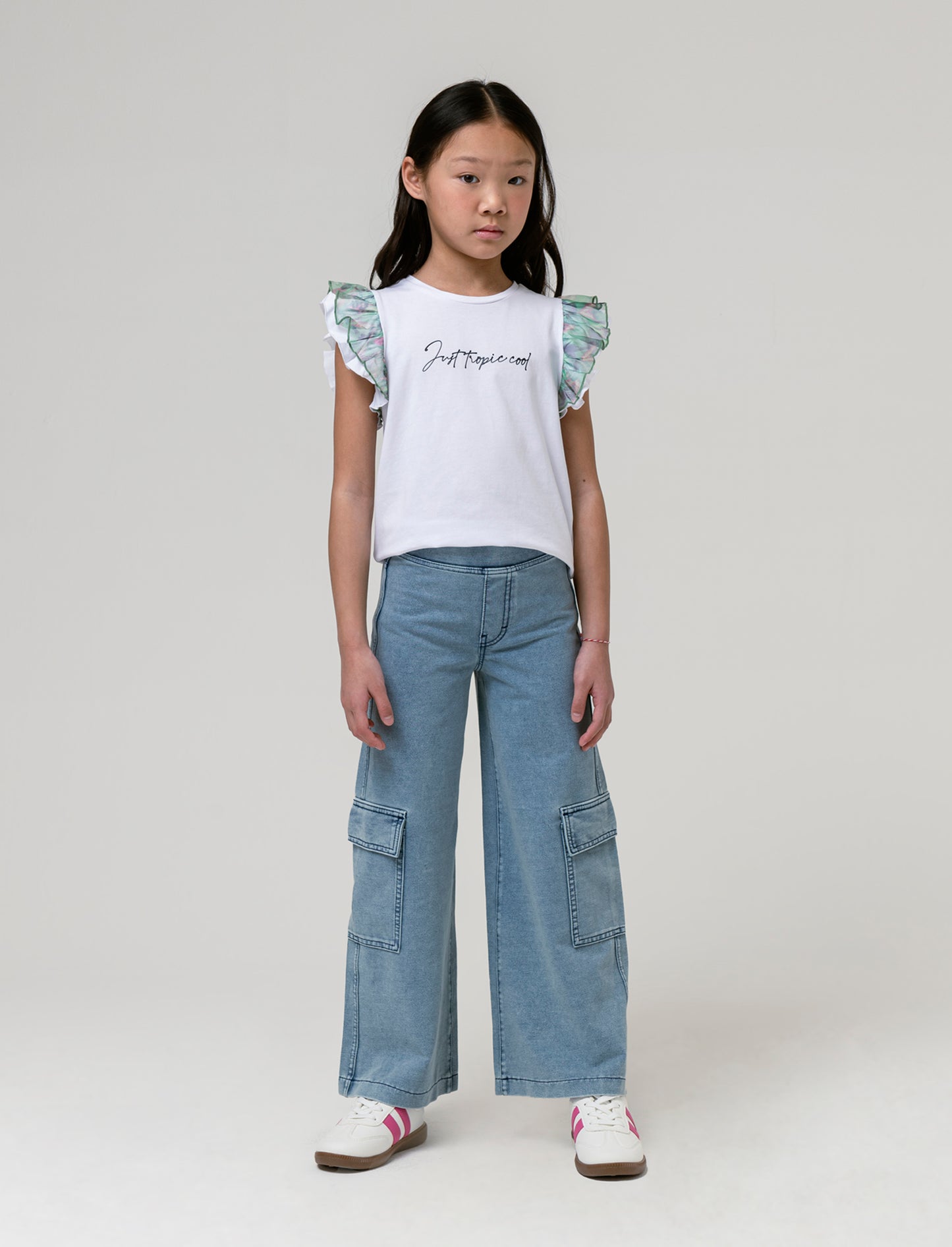 Pantaloni cargo gamba larga effetto denim da bambina - Denim chiaro