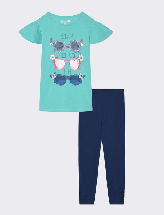 Completo t-shirt e leggings in cotone da bambina - Verde acqua