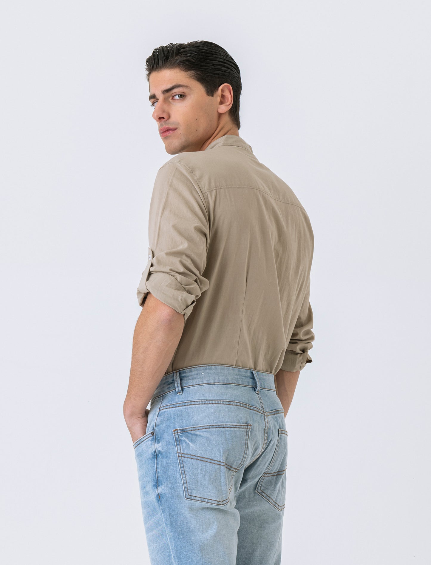 Camicia coreana in voile da uomo - Verde salvia