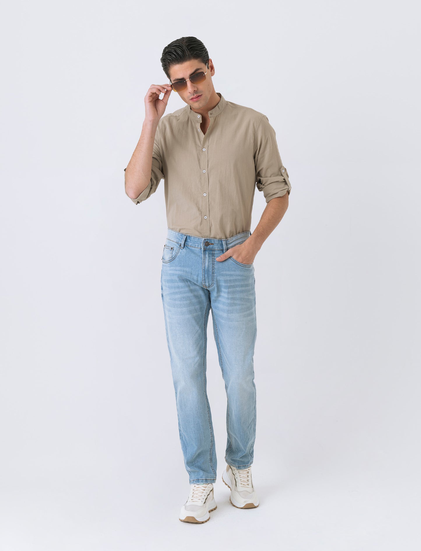 Camicia coreana in voile da uomo - Verde salvia