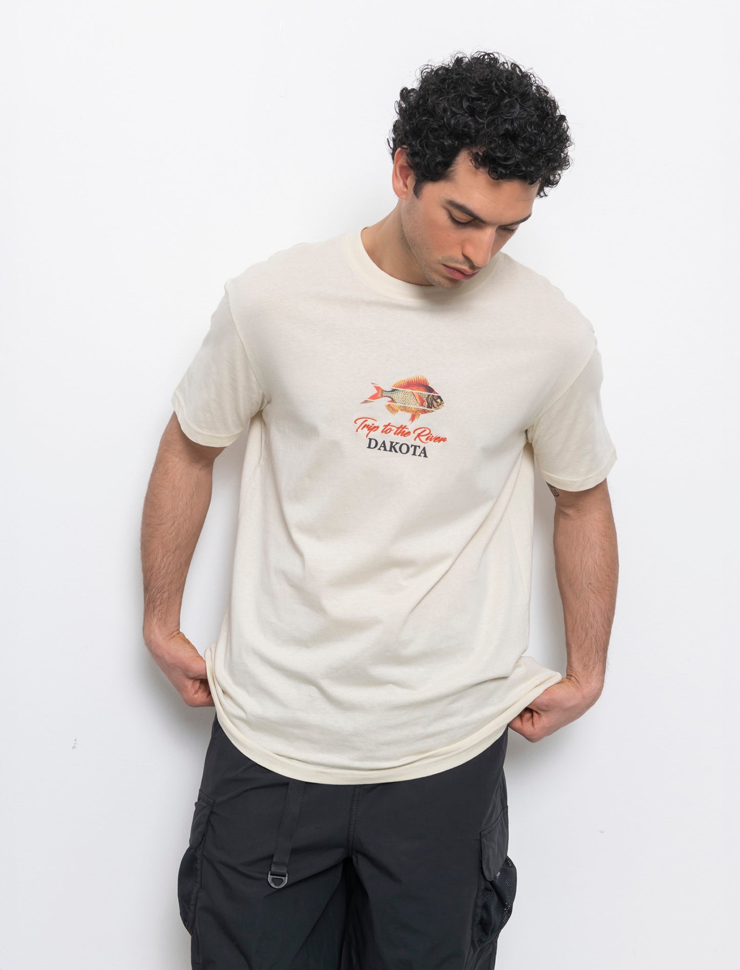 T-shirt loose fit in cotone con stampe da uomo - Beige ecru