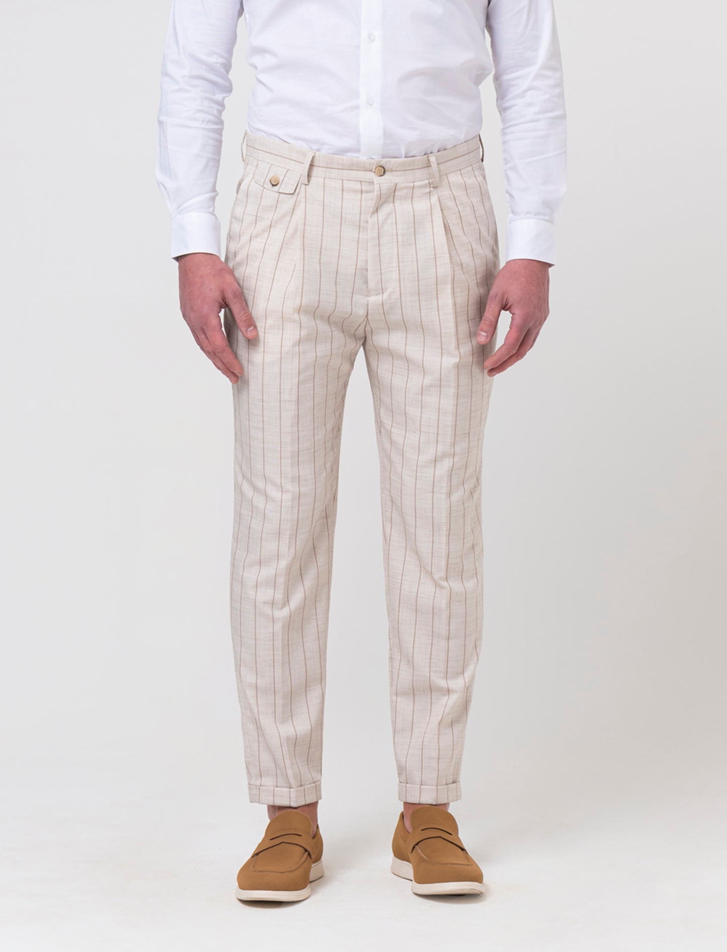 Pantaloni gessati da completo formal fit da uomo - Beige ecru