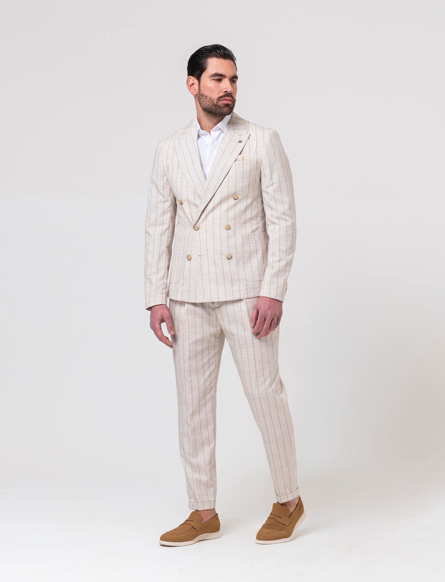 Pantaloni gessati da completo formal fit da uomo - Beige ecru