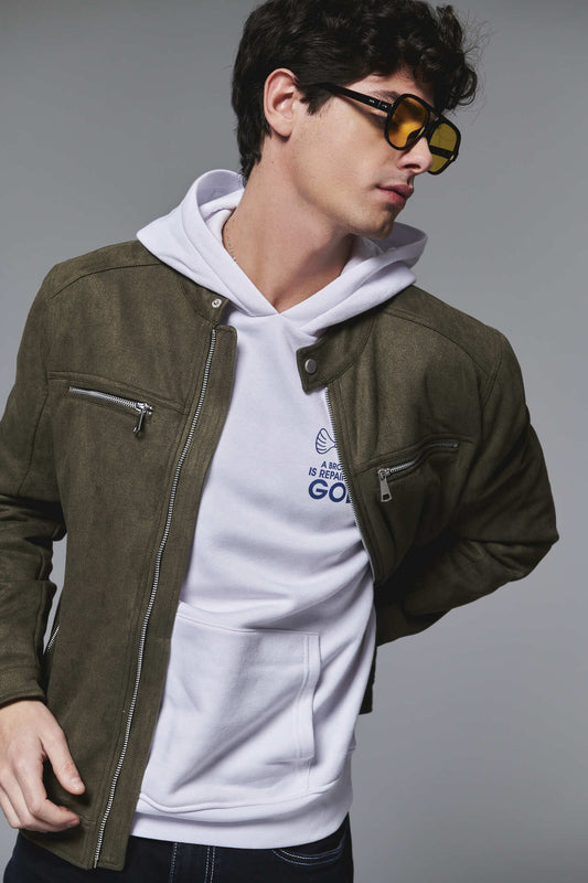 Giubbotto biker effetto scamosciato da uomo - Verde militare