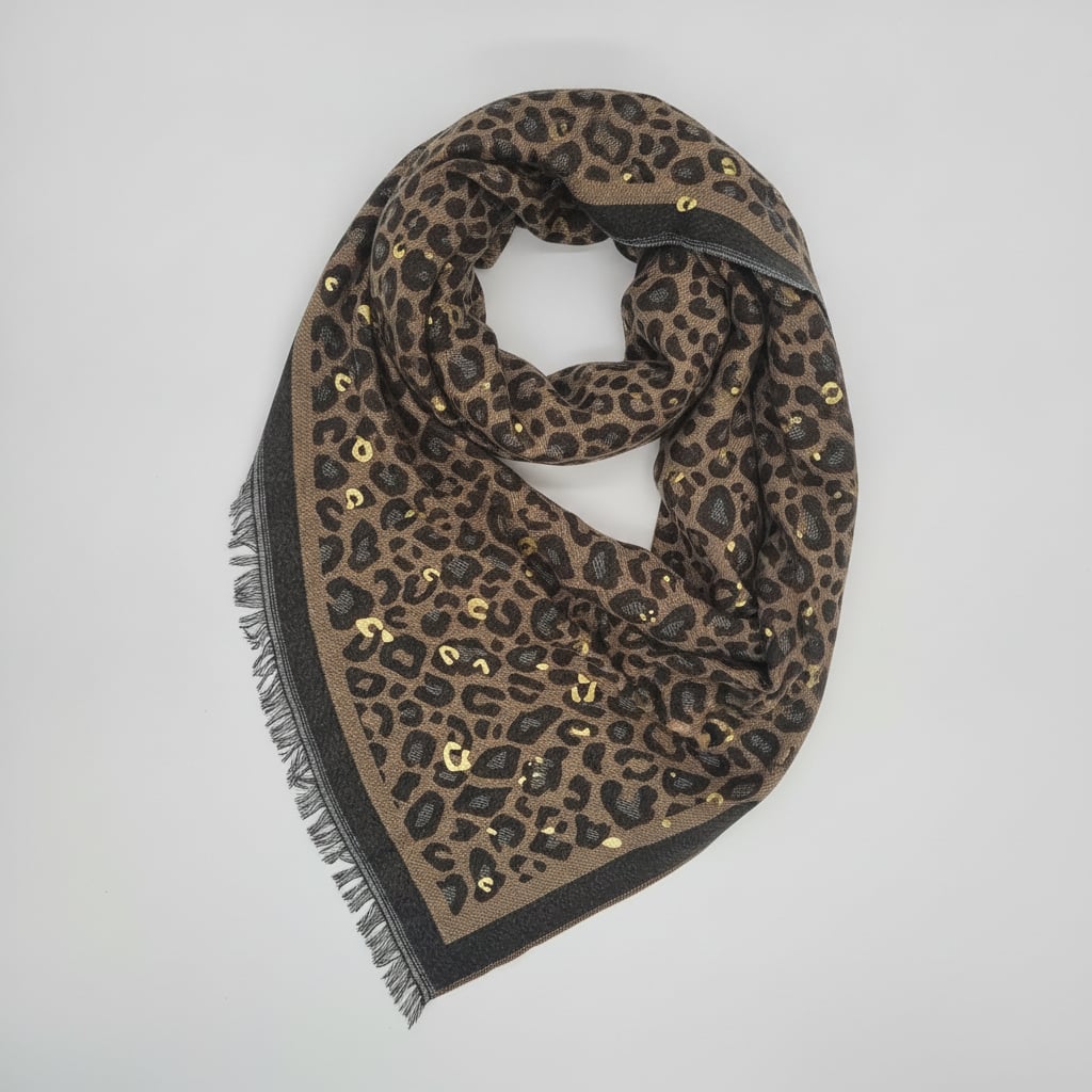 Leopard print laminated medium weight scarf - Black